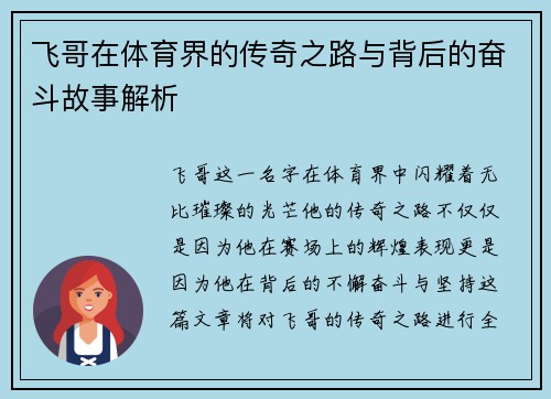 飞哥在体育界的传奇之路与背后的奋斗故事解析