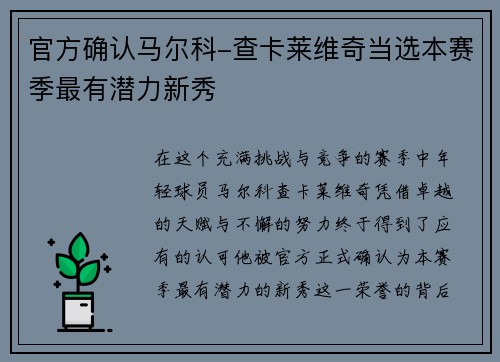 官方确认马尔科-查卡莱维奇当选本赛季最有潜力新秀