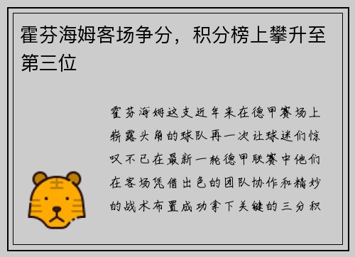 霍芬海姆客场争分，积分榜上攀升至第三位
