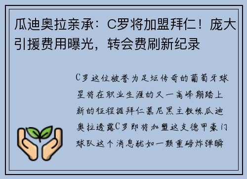 瓜迪奥拉亲承：C罗将加盟拜仁！庞大引援费用曝光，转会费刷新纪录