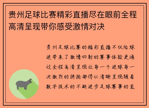 贵州足球比赛精彩直播尽在眼前全程高清呈现带你感受激情对决